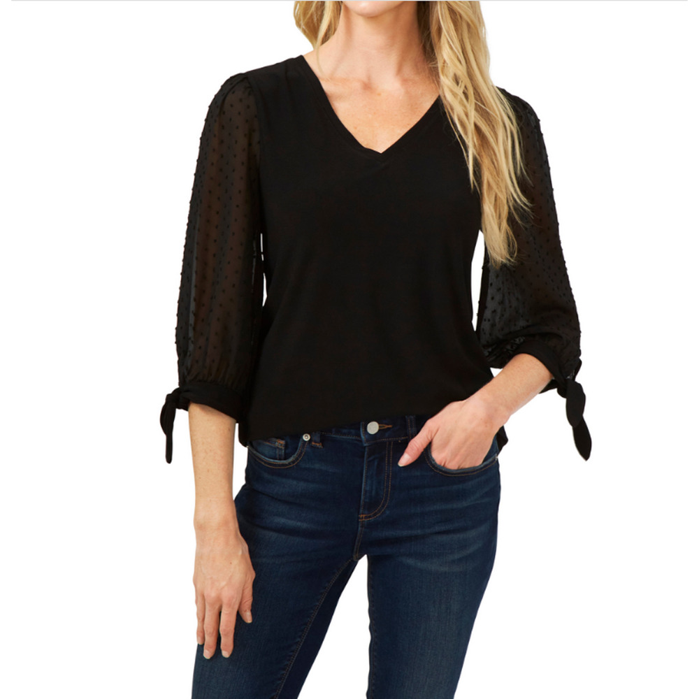 CeCe Knit Top With Woven Clip-Dot Sleeves Black Size XS 3967